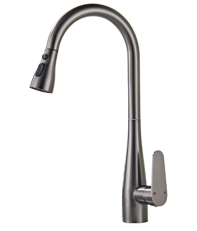 Gunmetal Grey High-Arc Gooseneck Kub Thiab Txias Chav Ua Noj Pull-Out Faucet
